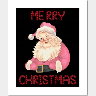 Retro Vintage Pink Santa Claus - Merry Christmas Text Posters and Art